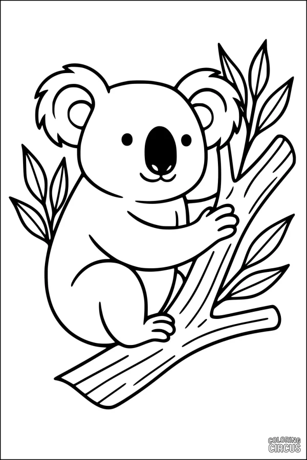 Coloring page of a cartoon koala sitting on a tree branch surrounded by leaves