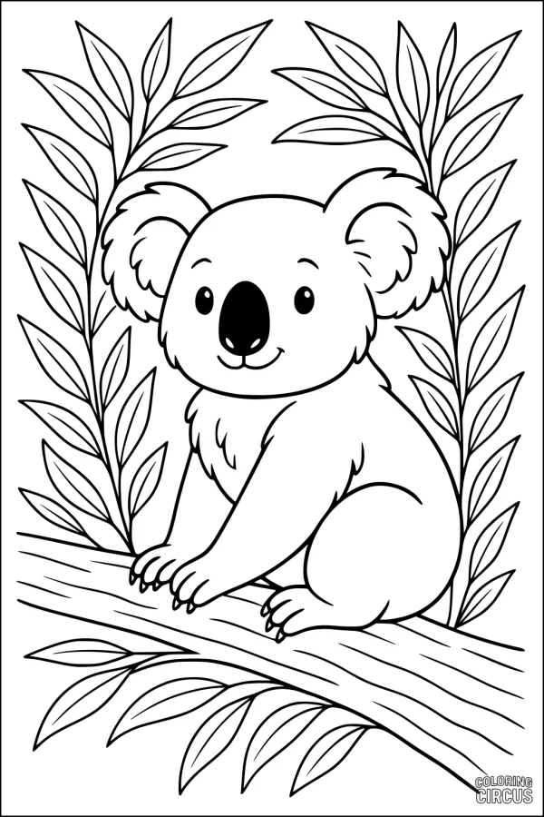 Coloring page featuring a smiling koala sitting on a tree branch with eucalyptus leaves in the background.