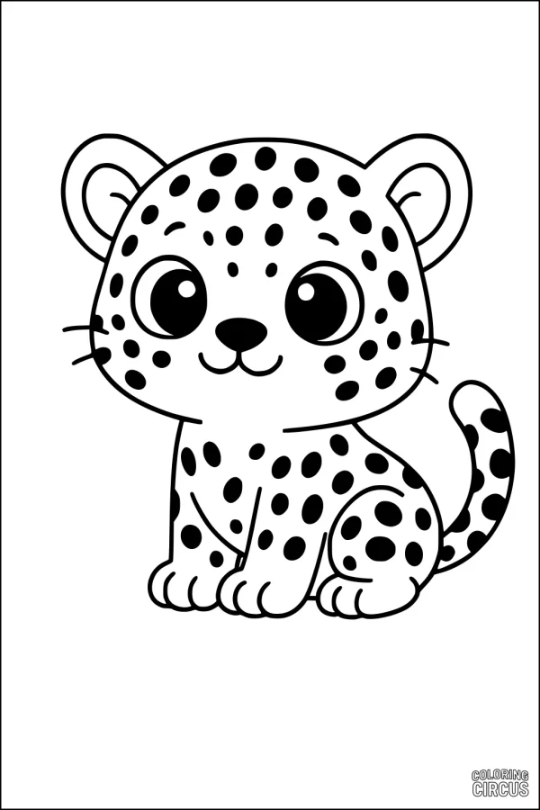 Coloring page of a cute baby leopard sitting and smiling, outlined in a simple cartoon style.