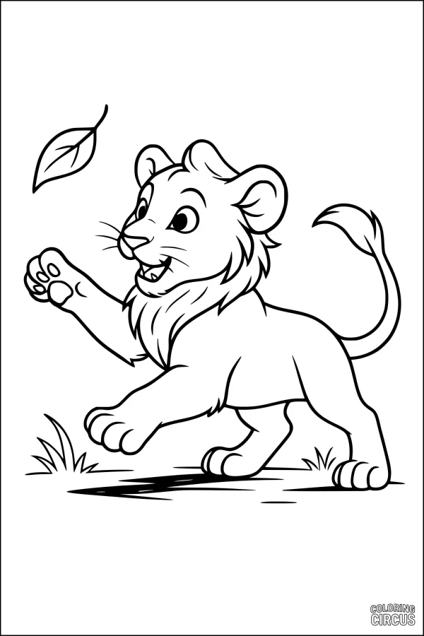 Coloring page of a smiling lion cub playfully chasing a falling leaf in the grass