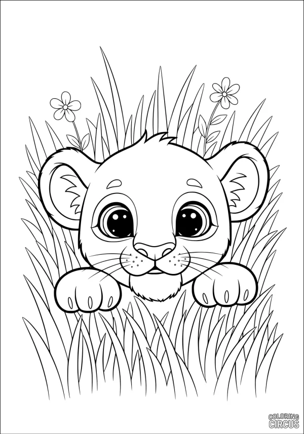 Coloring page of a cute lion cub peeking out from tall grass with flowers