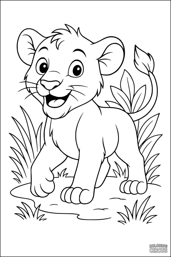 Coloring page showing a happy lion cub standing among grass and leaves
