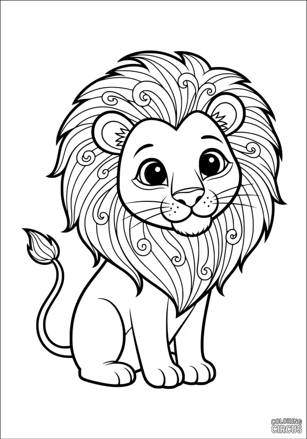 Coloring page of a cute cartoon lion with a fluffy, swirly mane sitting and smiling