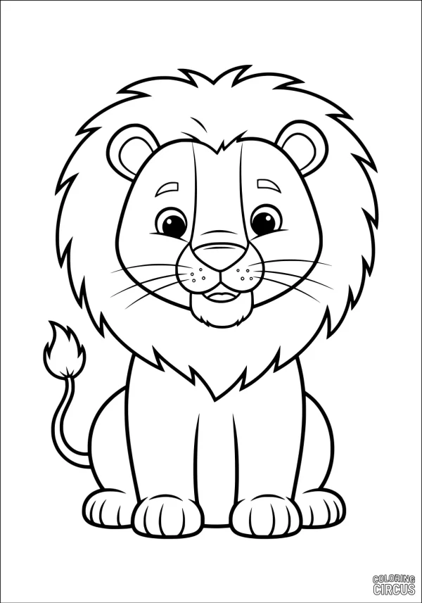 Coloring page featuring a cute cartoon lion with a fluffy mane sitting and smiling.