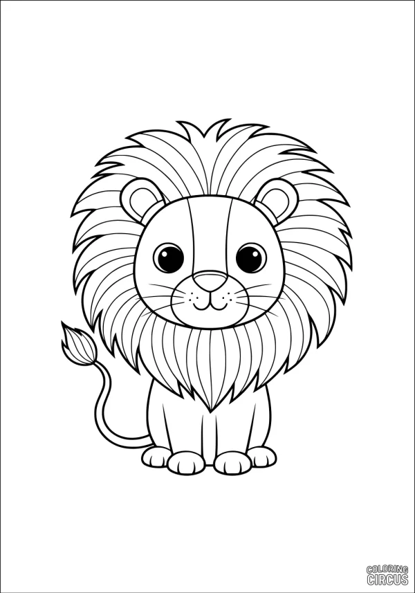 Coloring page featuring a cute cartoon lion with a large fluffy mane for kids