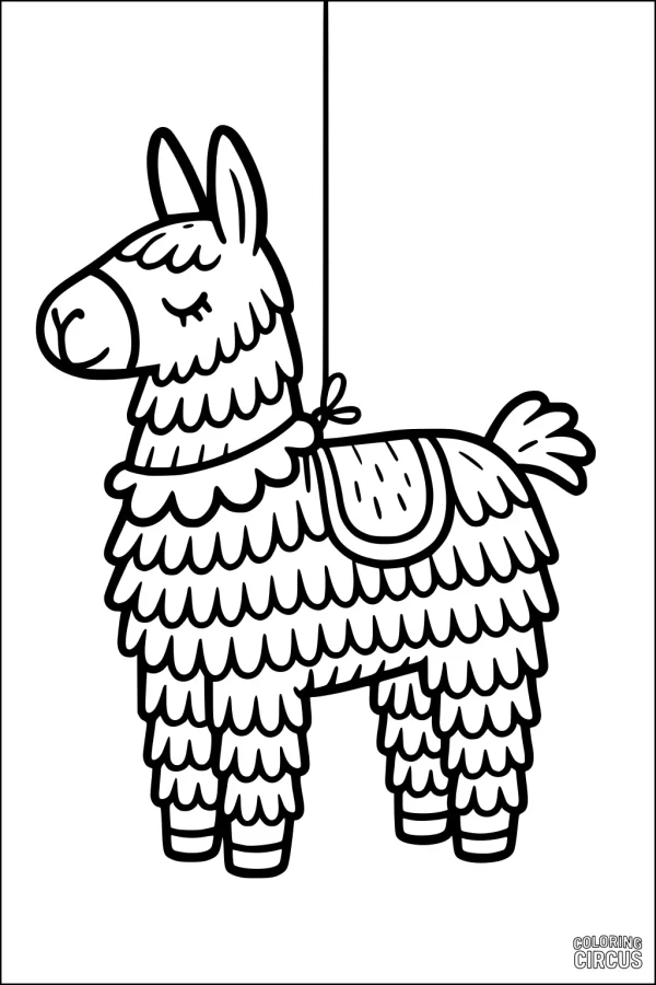 Coloring page featuring a cartoon llama with fluffy wool and a decorative saddle, ideal for kids.
