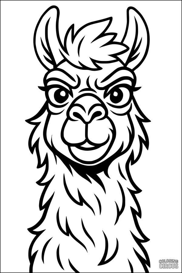 Coloring page showing a cute llama with a fluffy mane and expressive eyes, ideal for young children