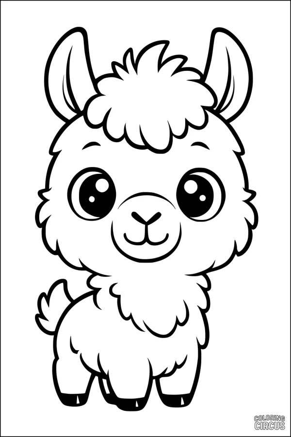 Coloring page of a cute llama with big eyes and fluffy fur for kids