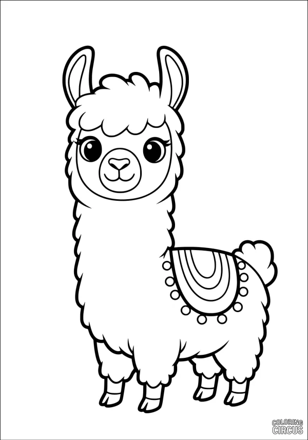 Coloring page of a cute llama with big eyes and a decorative saddle blanket