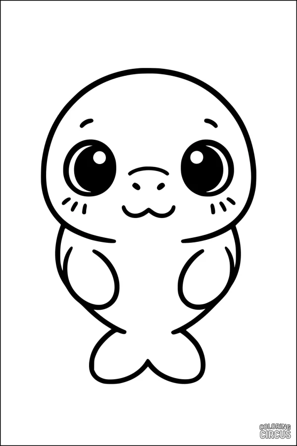 Coloring page featuring a cute cartoon manatee with large round eyes and gentle flippers