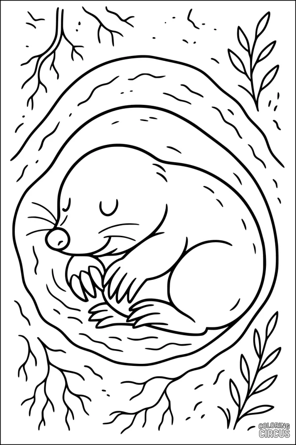 Coloring page featuring a sleeping mole curled up inside an underground tunnel with roots and plants above