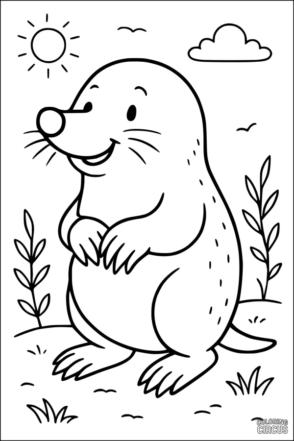 Coloring page of a smiling mole standing on grass with plants, sun, and clouds
