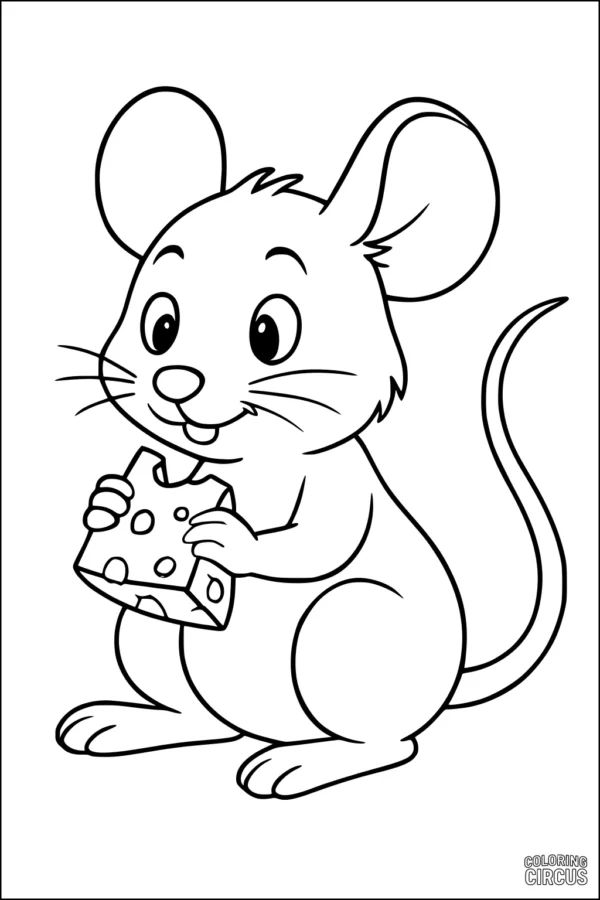 Coloring page of a happy mouse holding cheese, cartoon style
