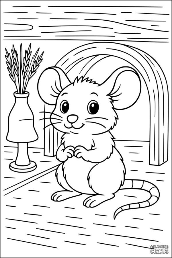 Coloring page featuring a cute mouse sitting near its round doorway with a vase of wheat on a wooden floor.