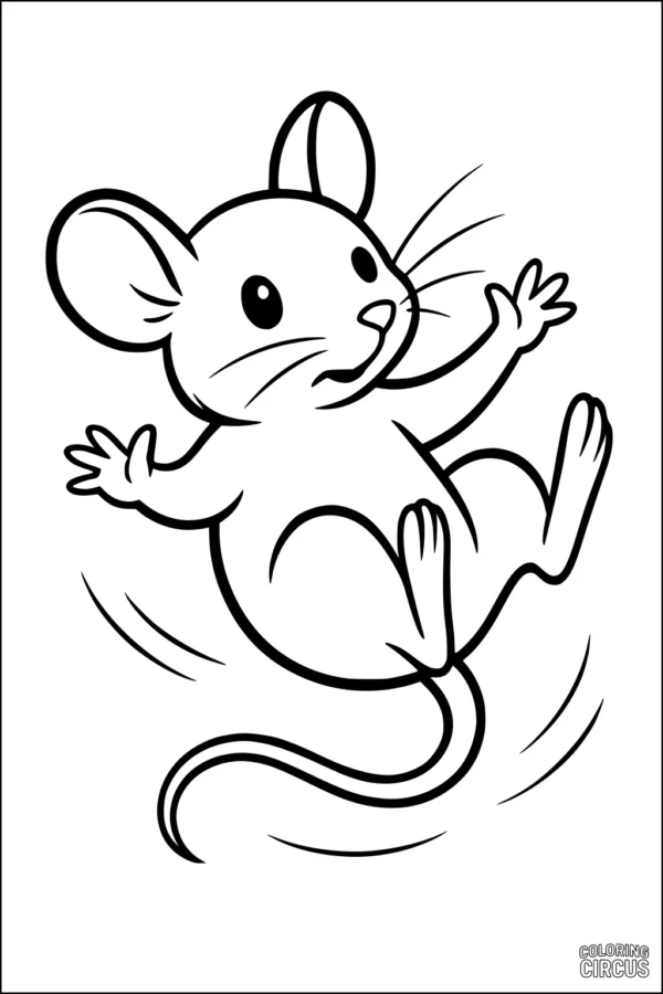 Coloring page featuring a cute cartoon mouse with large ears tumbling playfully