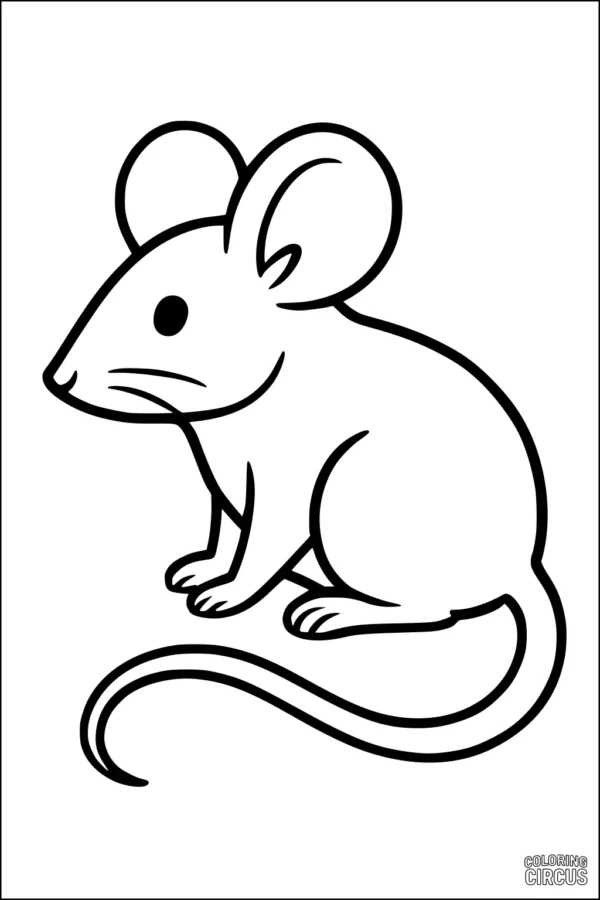 Coloring page of a simple, cute mouse with large ears and a long tail