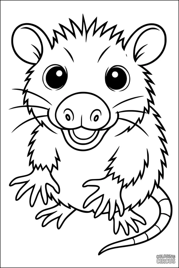 Coloring page of a cute cartoon opossum with big eyes and fluffy fur