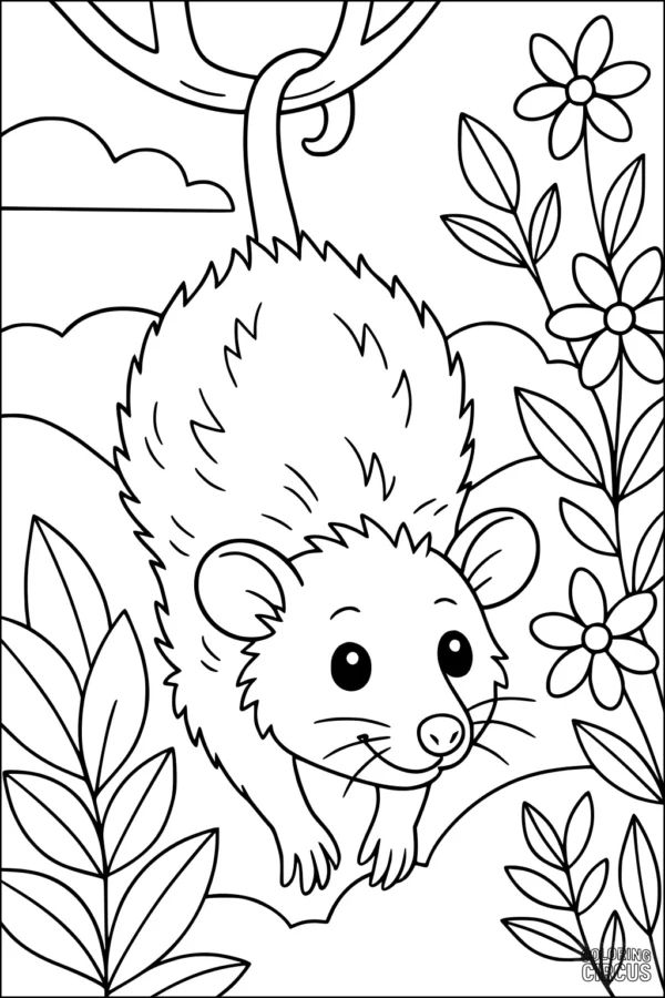 Coloring page of a cute opossum surrounded by flowers and plants in a sunny outdoor setting.