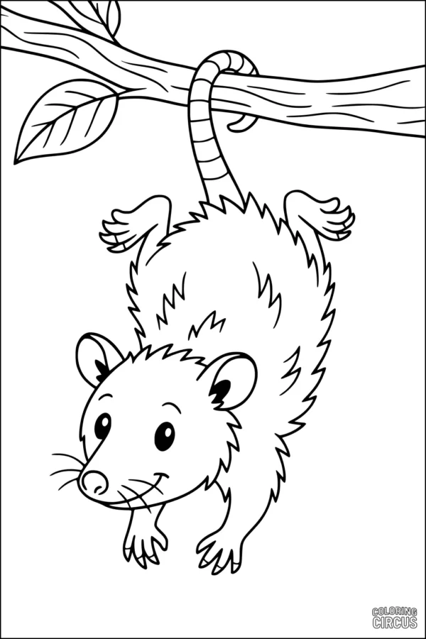 Coloring page of a cartoon opossum hanging by its tail from a tree branch