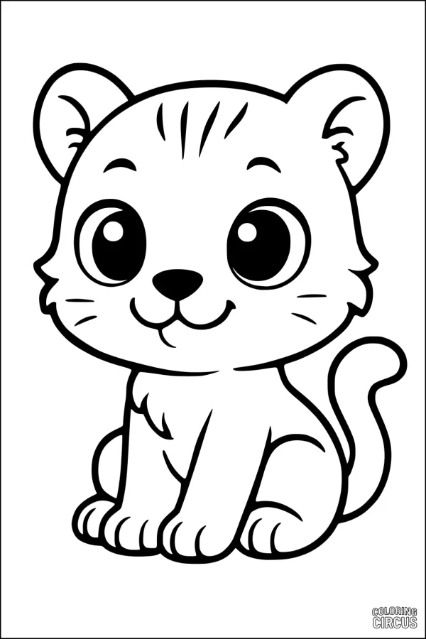 Coloring page of a cute cartoon panther cub with big eyes, sitting and smiling