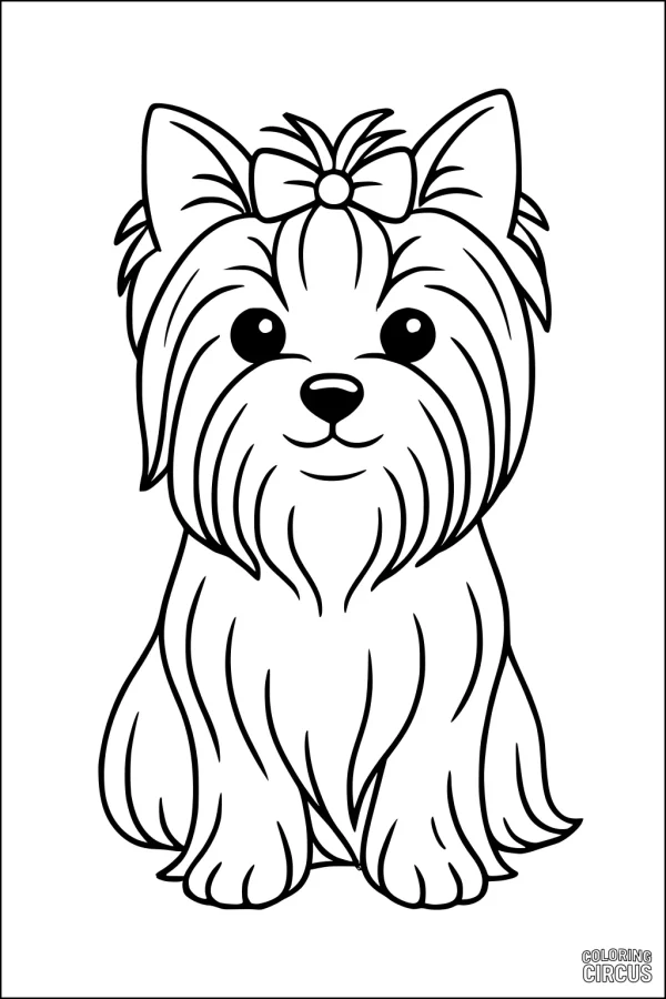 Coloring page featuring a fluffy cartoon dog with a bow