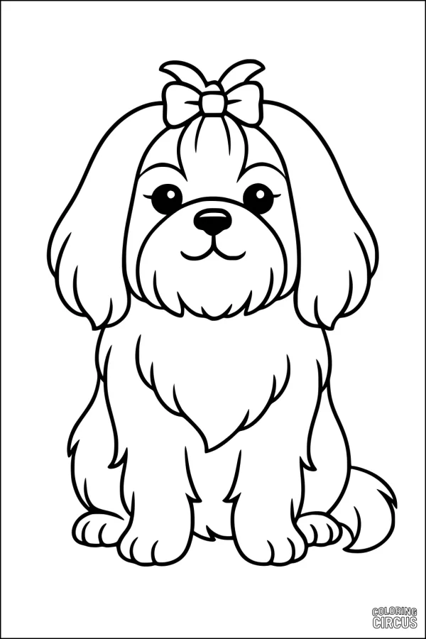 Coloring page of a fluffy cartoon dog with a bow on its head, sitting and smiling