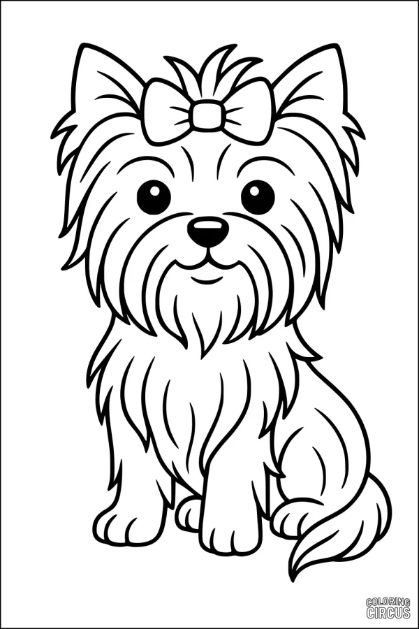 Coloring page of a cute fluffy dog with a big bow for kids