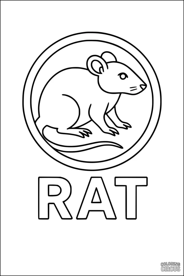 Coloring page of a simple cartoon rat in a circular frame with the word rat below