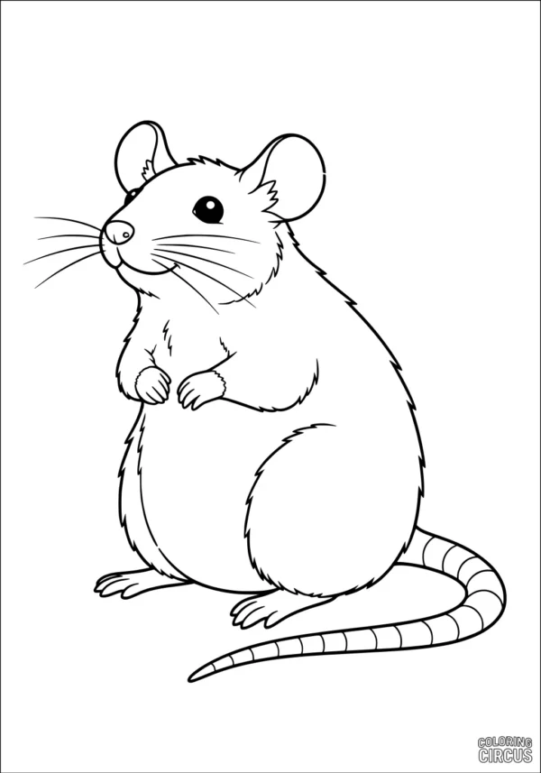 Coloring page of a friendly cartoon rat sitting upright with big ears and a striped tail.