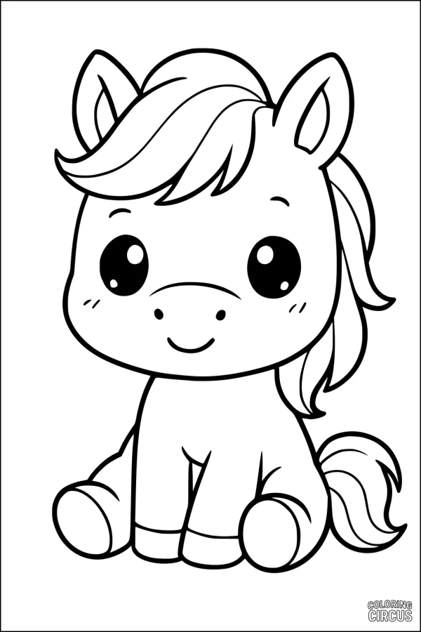 Coloring page showing a cute cartoon horse sitting with a friendly expression and large eyes