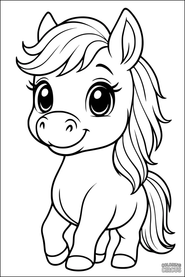 Coloring page of a cute cartoon pony with large eyes and a flowing mane, designed for young children