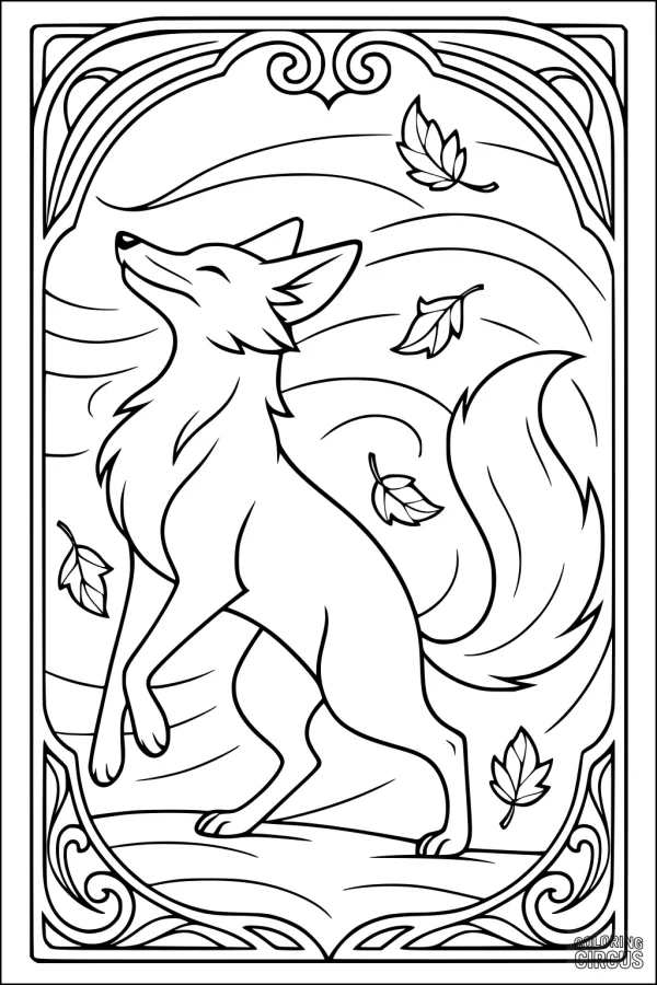 Coloring page showing a happy fox with bushy tail surrounded by swirling leaves in a decorative border