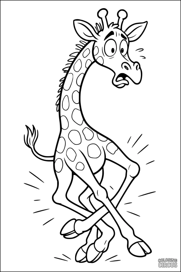 Coloring page of a cute cartoon giraffe with a surprised expression and crossed legs