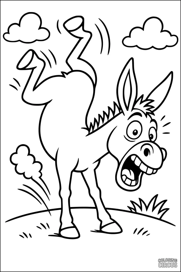 Coloring page featuring a cartoon donkey excitedly kicking its legs in a grassy field under clouds