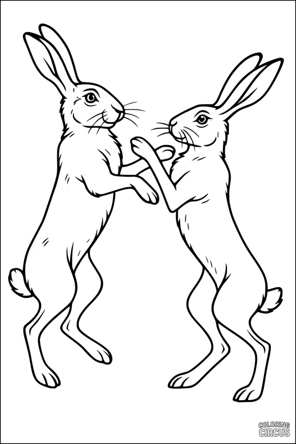 Coloring page of two hares standing upright and facing each other in a playful pose