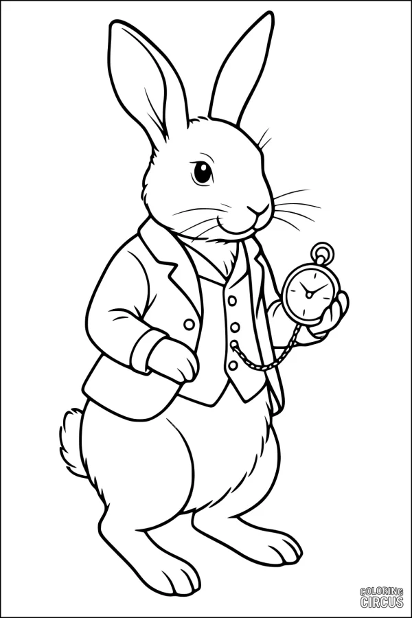 Coloring page of a hare in a suit holding a pocket watch, suitable for kids