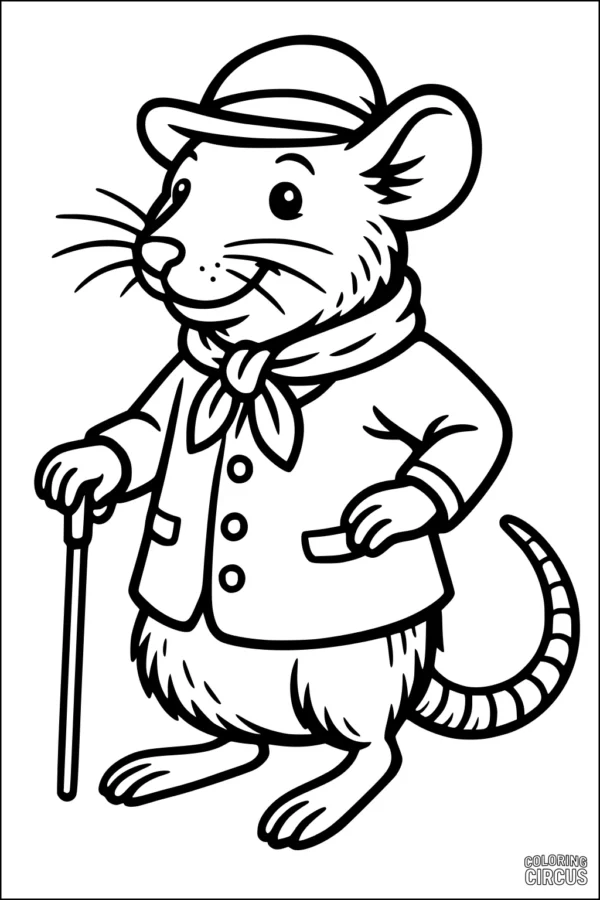 Coloring page featuring a cartoon rat dressed in a coat, hat, scarf, and using a cane