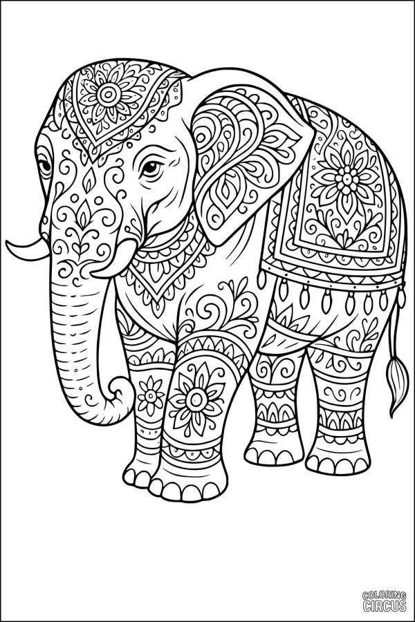 Coloring page of a decorated elephant with detailed patterns and floral designs