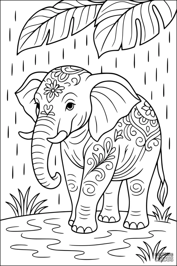 Coloring page of a patterned elephant under rainforest leaves with raindrops