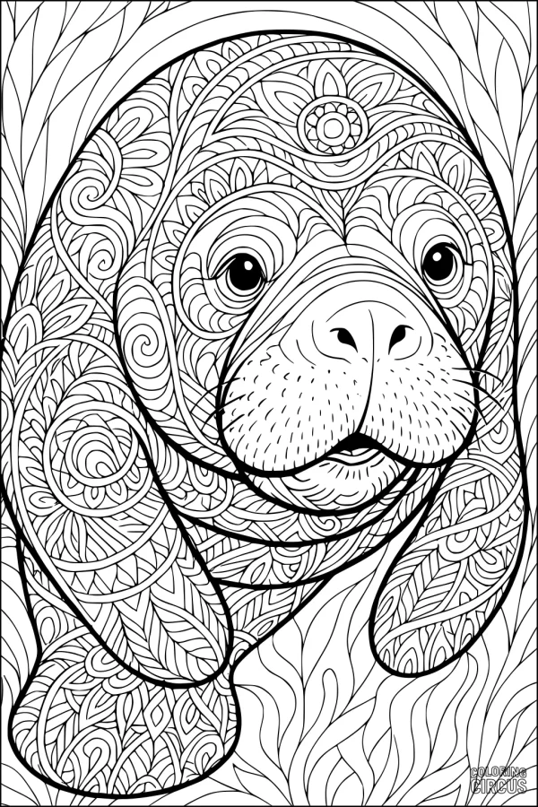 Coloring page featuring a detailed manatee with intricate decorative patterns and leafy background