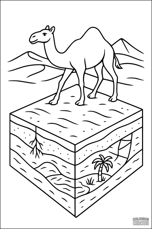 Coloring page showing a camel above a desert landscape with cross-section revealing underground oasis and palm tree