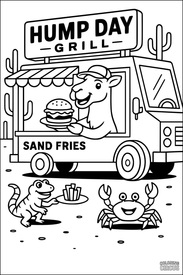 Coloring page featuring a cartoon camel serving burgers and fries at a desert food truck with a lizard and crab
