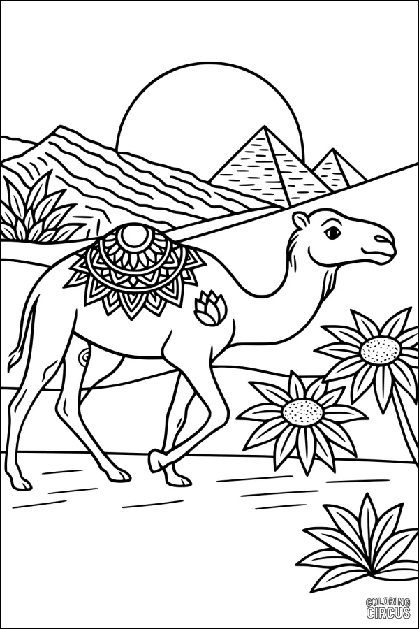 Coloring page, a camel with decorated blanket walking in the desert, pyramids, mountains, sun, and desert plants in background.
