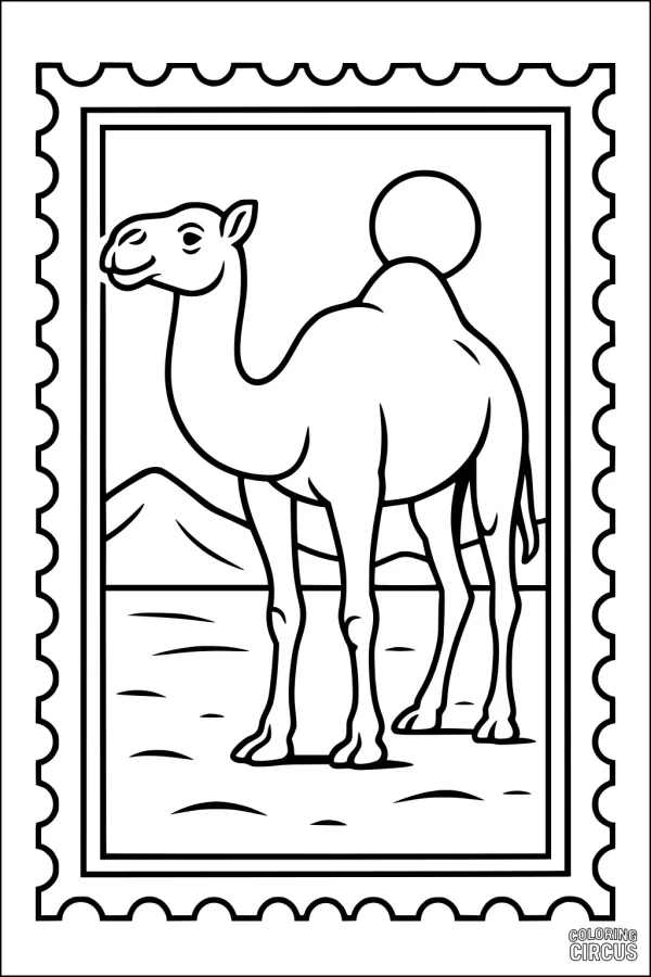 Coloring page featuring a smiling camel standing in a desert scene with mountains and a sun background, bordered by a postage stamp design.