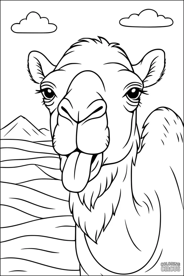 Coloring page featuring a cartoon camel with its tongue out in a desert landscape with clouds and dunes.