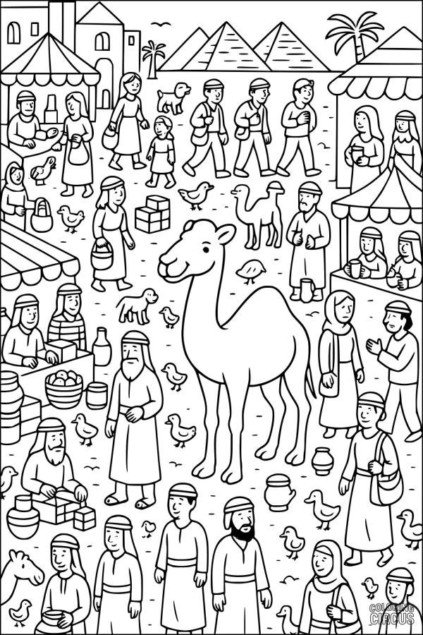 Coloring page featuring a camel at a busy desert market with people, animals, tents, and pyramids in the background