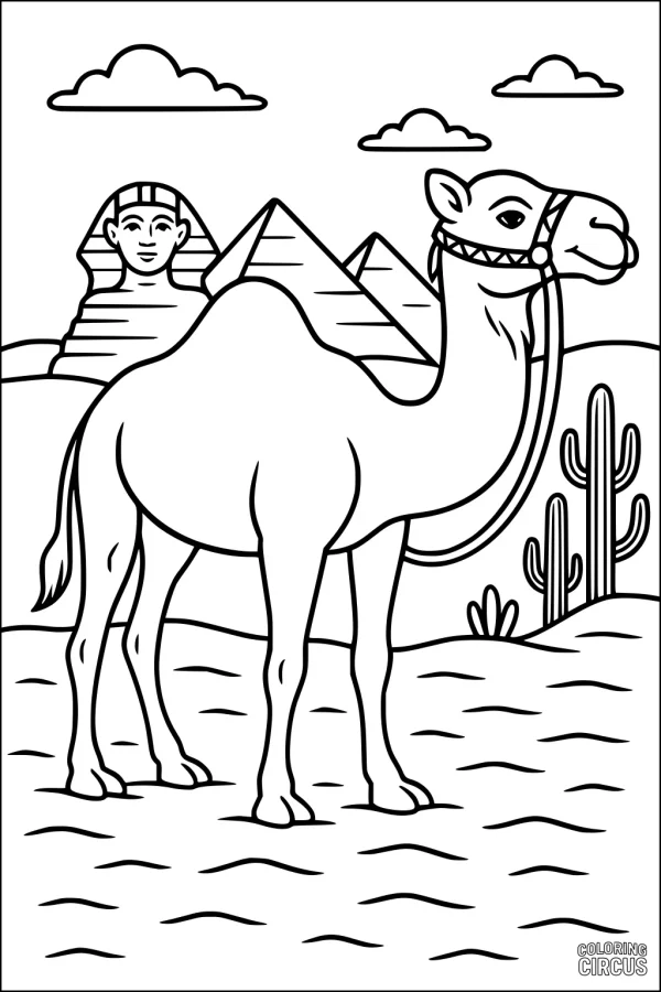 Coloring page featuring a camel in front of pyramids, Sphinx, and desert scenery