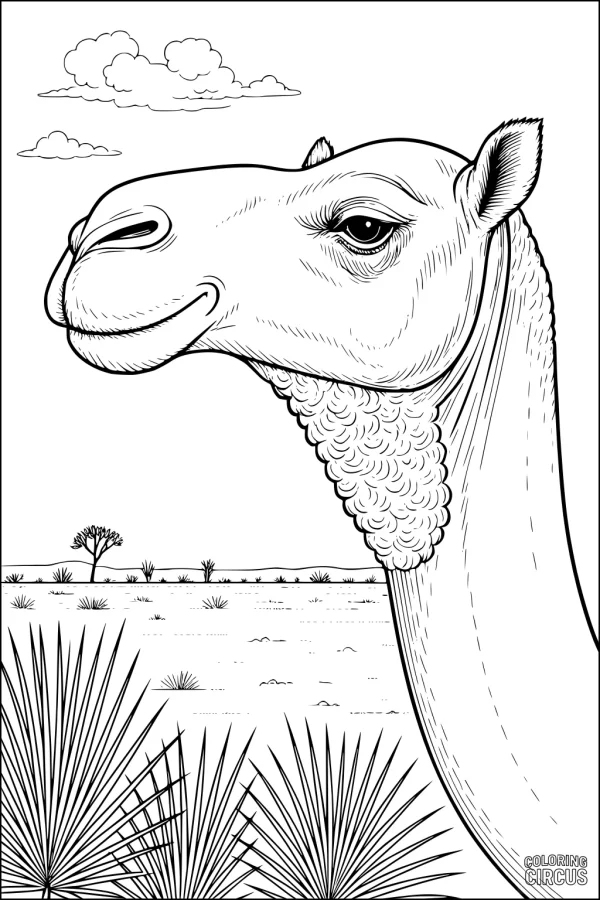 Coloring page showing a detailed camel head with desert landscape in background