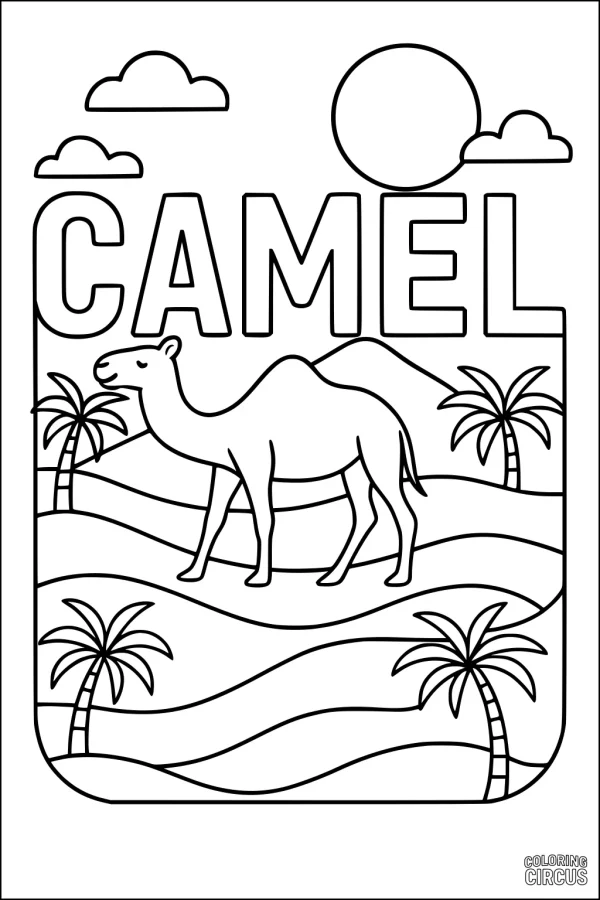Coloring page with a camel walking in desert, palm trees, sun, clouds, and text 'CAMEL'