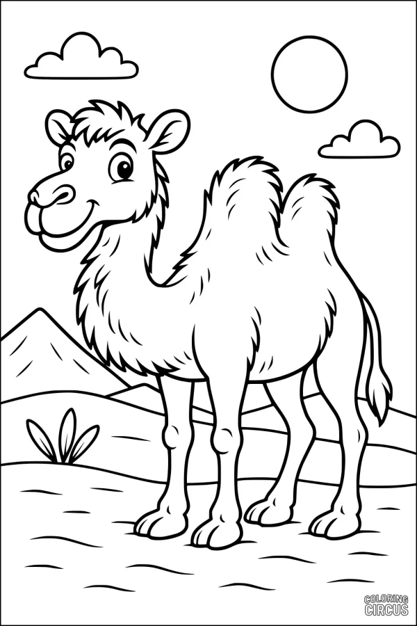 Coloring page featuring a happy camel standing in a desert landscape with sun, clouds, and mountains.